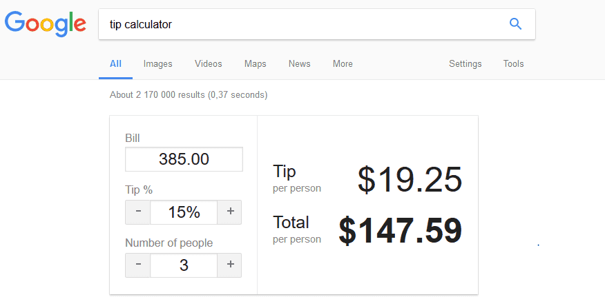 Google tip calculated