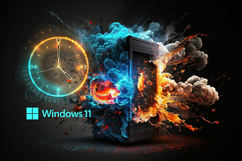 a computer with a clock on it with fire and smoke coming out of it.